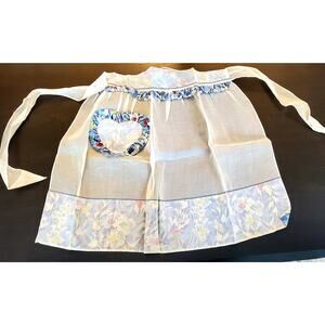 Vintage Handmade Delicate Half Apron Sheer White w/heart shaped floral pocket